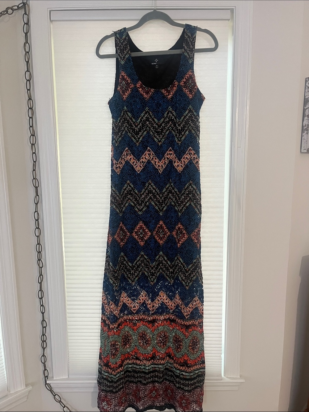 Ronni Nicole Sleeveless Chevron & Border Print Maxi Dress - Blue & Pink